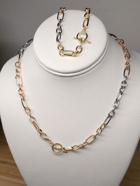 Tri-Tone Gold Filled Necklace & Bracelet Set - Yellow, White And Rose Gold Fill